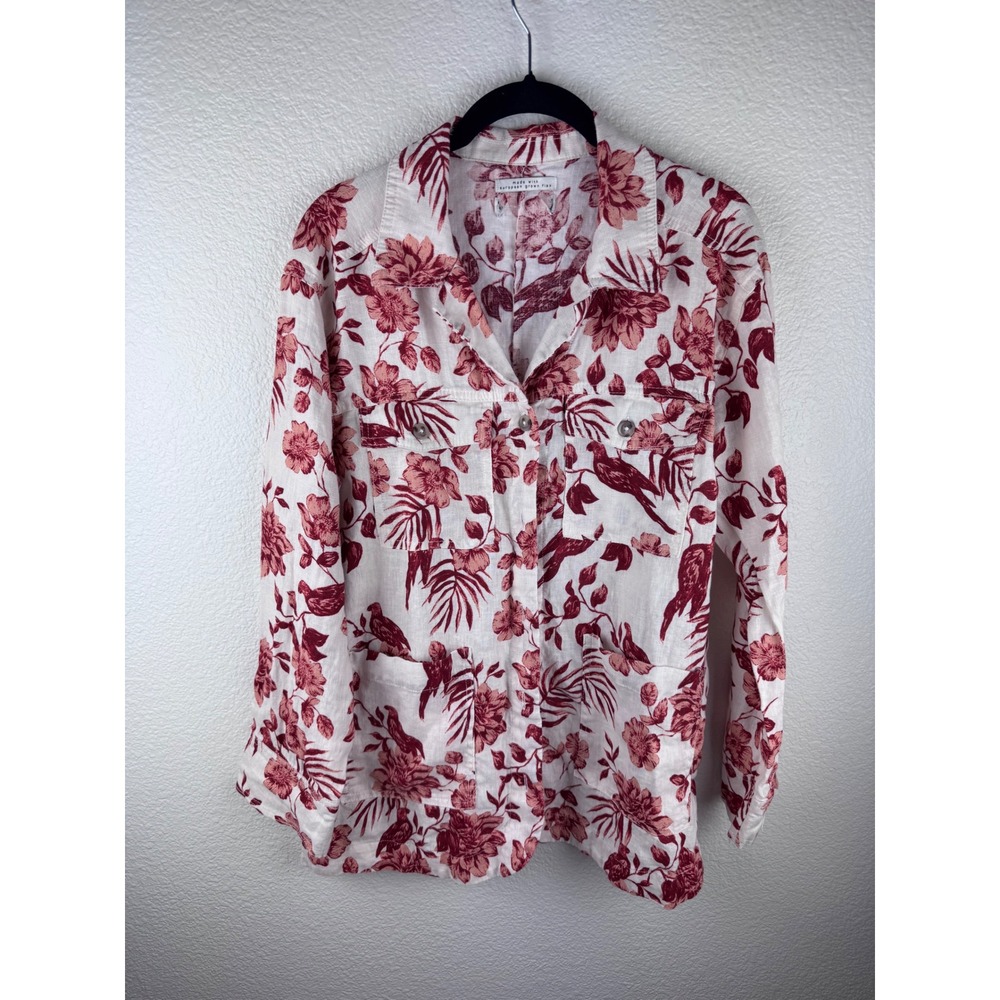 Rachel Zoe 100% Linen Floral Bird Button Up Shirt Jacket Size L Vacation
